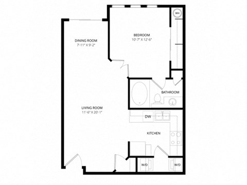 Floor plan for 1 bed, 1 bath, 634 sqft